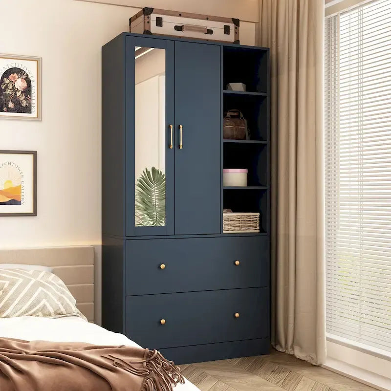 Wardrobe Clo Armoire wi/Mirror & Scalable Hanging Rod Space Saving