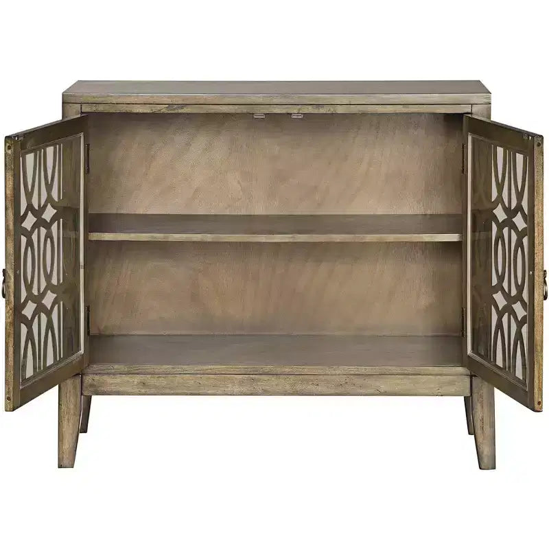 40 Wide Glass Door Accent Cabinet with Adjustable Shelf, Distressed Parchment Finish