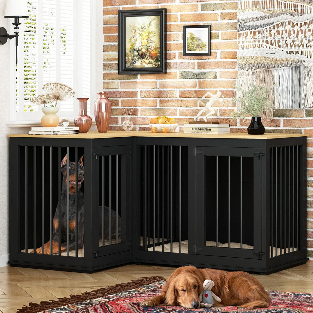Large Corner Dog Crate Furniture for 2 Dogs, L Shape Dog Crate Cage - 58.7X41.1