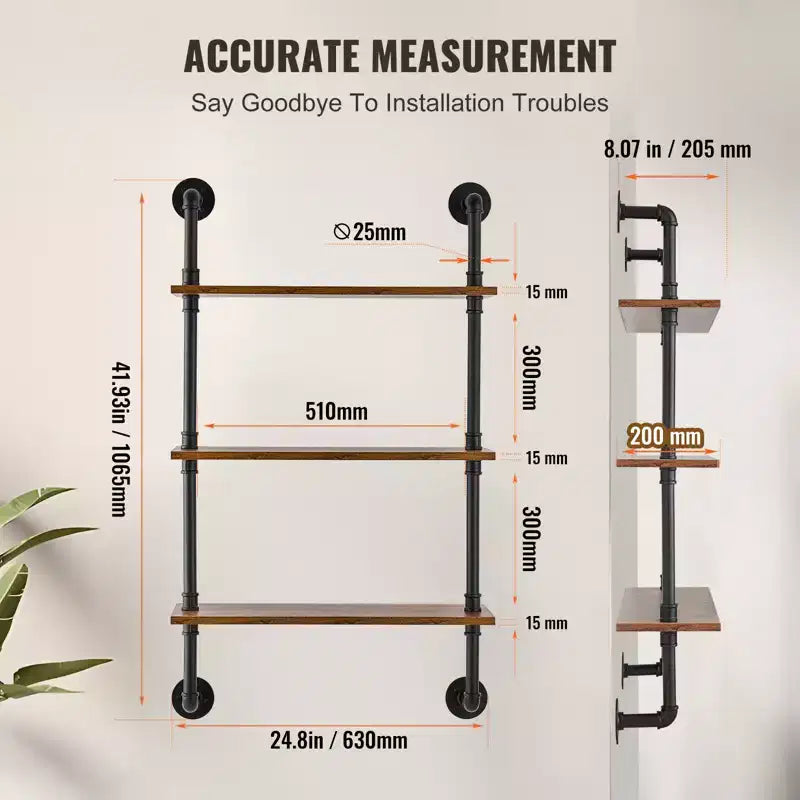 VEVOR Industrial Pipe Shelf, 3 Tier 24x7.87in, Wall-Mount Floating Rustic Wood Shelves Bracket Display Bookshelf, Storage Rack Sundries Holder,Black