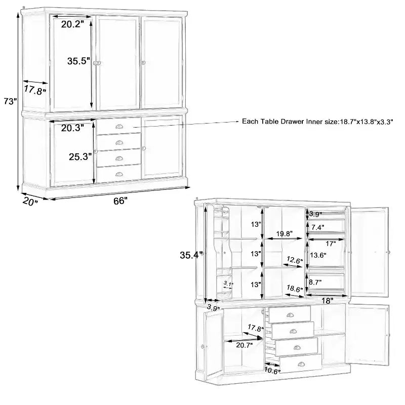 Whisen 73 Freestanding Wooden Kitchen Pantry Cabinet with Drawers and Adjustable Shelves for Storage and Organization in Dining Room or Kitchen