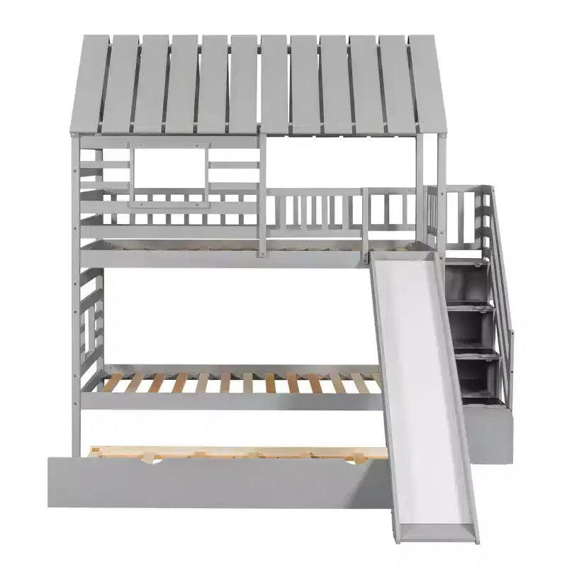 Whisen Twin over Twin House Bunk Bed with Trundle and Slide, Storage Staircase, Roof and Window Design