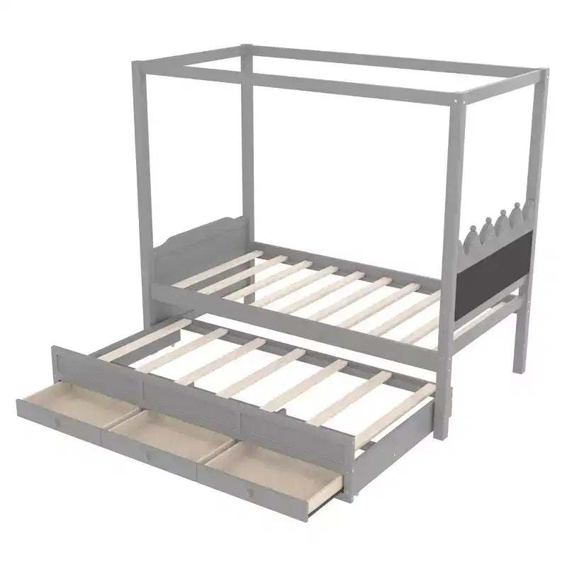 Twin/Full Size Platform Bed with Trundle, Princess Wood Canopy Bed with 3 Drawers, Storage Bed with Upholstered Headboard for Bedroom