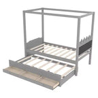 Twin/Full Size Platform Bed with Trundle, Princess Wood Canopy Bed with 3 Drawers, Storage Bed with Upholstered Headboard for Bedroom