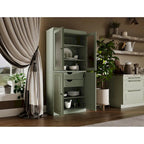 100% Solid Wood Pantry Cabinet with Frosted Glass Doors, Solid Doors, 2-Drawers and Adjustable Shelves