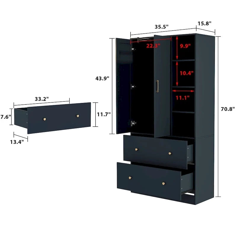Wardrobe Clo Armoire wi/Mirror & Scalable Hanging Rod Space Saving