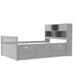 Twin/Full Size Captain Platform Bed with 4 Drawers and Storage Shelves, Solid Wood Bed Frame with Storage Bookcase Headboard