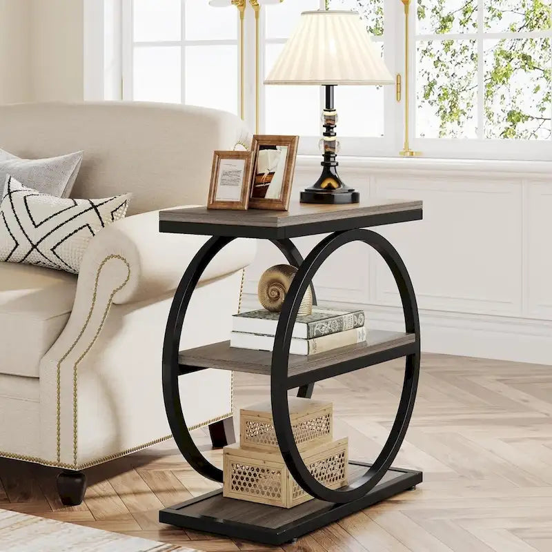 Narrow End Table with 3 Storage Shelves, Wood Side Table for Living Room