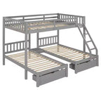 Full Over Twin & Twin Bunk Bed for 3, Wooden Triple Bunk Bed with 2 Storage Drawers, can be Divided into 3 Separate Beds