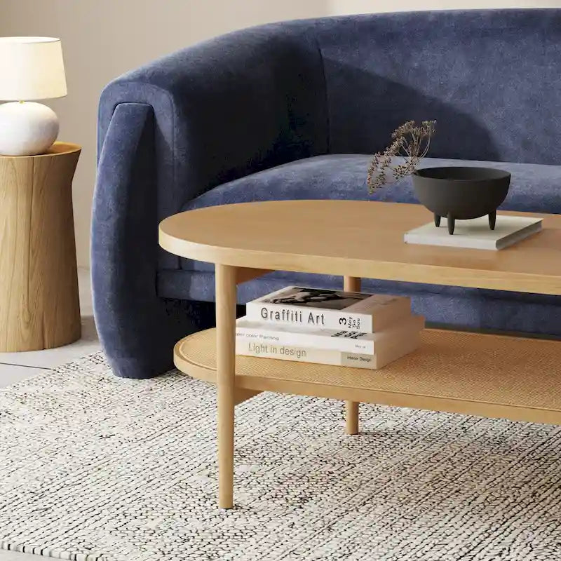 Nathan James Sonia Bohemian 2-Tier Oval Cane Coffee Table in Light Wood With Rattan Storage Shelf