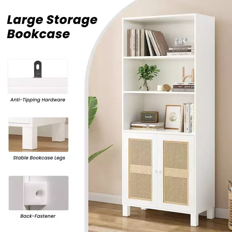 TUYOHW Tall Bookcase with Rattan Doors,5-Shelf Freestanding Storage Cabinet,Bookshelf for Living Room,Bedroom,Home Office