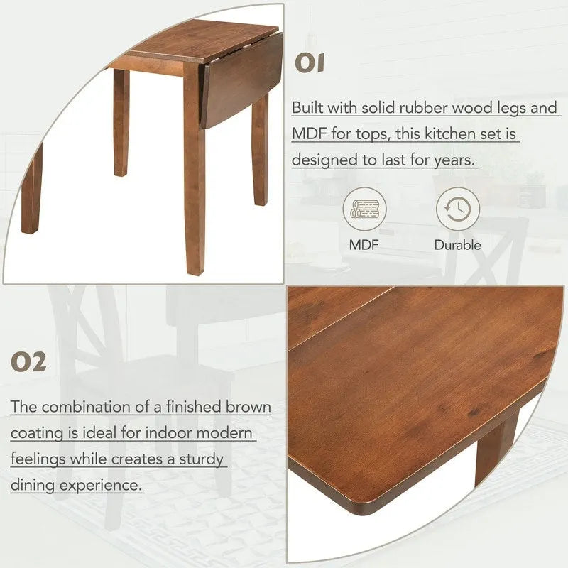 3-Piece Wood Drop Leaf Breakfast Nook Dining Table Set with 2 X-back Chairs for Small Places
