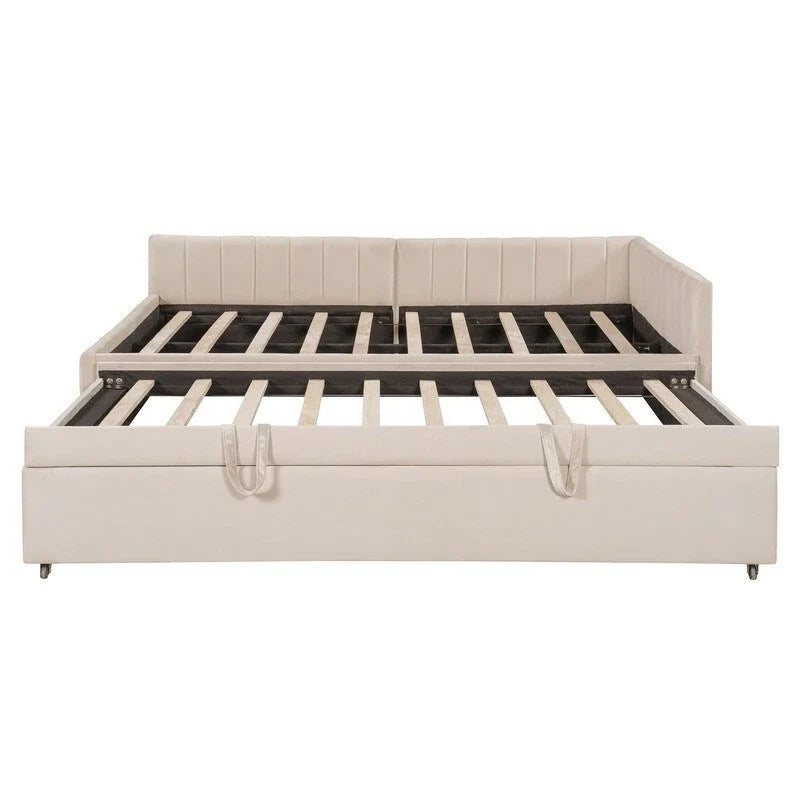 Upholstered Daybed with Twin Size Pop Up Trundle, Full Size Daybed Frame Sofa Bed with L-Shaped Backrest and Striped Design