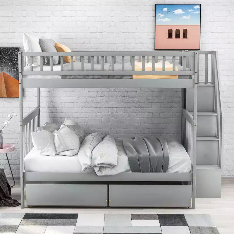 Full over Full Bunk Bed with Drawers and Storage Staircase