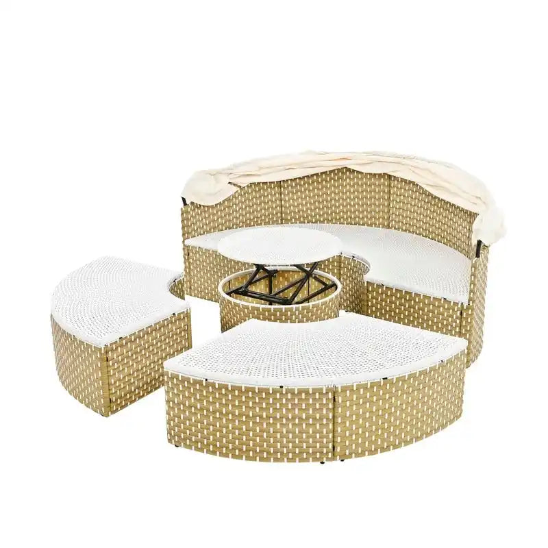 Round Outdoor Daybed Two-Tone Weave Sunbed with Retractable Canopy