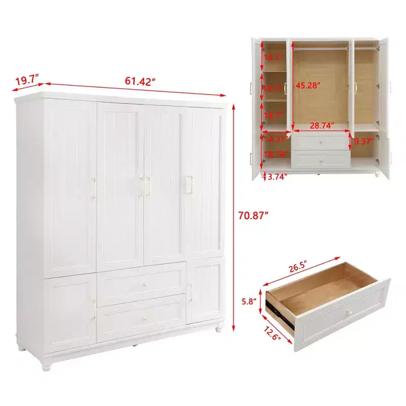 White Wood 61.42 in. Armoire with 2 Drawers, Hanging Rod and Shelves
