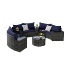 11-Piece Outdoor Half-Round Modular Sectional Sofa Set with Tempered Glass Coffee Table and 4 Side Table