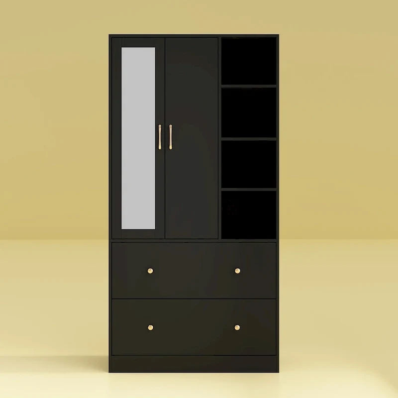 Wardrobe Clo Armoire wi/Mirror & Scalable Hanging Rod Space Saving
