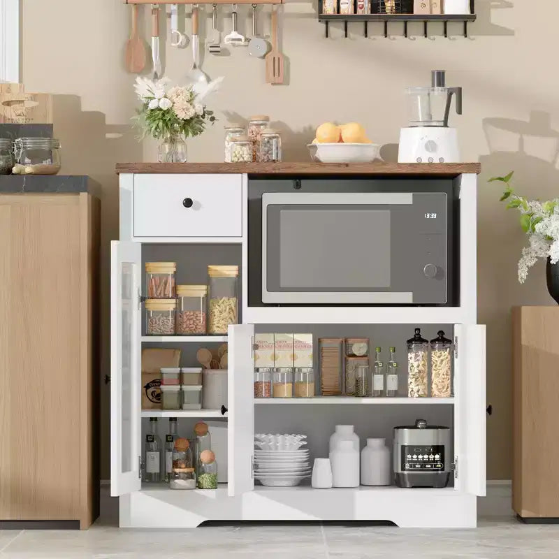 White & Walnut Kitchen Microwave Cabinet - 3-Door Pantry Storage Buffet with Adjustable Shelves for Dining Room, Living Room & Hallway