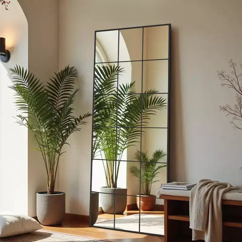 69x30 Black Rectangle Full-Body Mirror Metal Frame Full-length Mirror with Window Panes for Bathroom Bedroom Entryway Living
