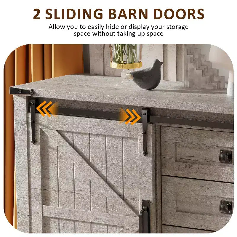 SinCiDo Farmhouse 60Dressing Table with Sliding Barn Door and 4 Drawers,Drawer Cabinet Living Room,Bedroom,Coffee Bar