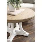 Round Wood Coffee Table, Rustic Brown & White, Criss-Cross Base