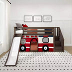 Low Twin over Twin Bunk With Stairs, Easy Slide & Firetruck Curtain