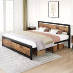 Heavy Duty Bed Frame with Headboard and Footboard, Metal Platform with 13.8 Storage, Noise Free & Tool-Free Assembly, Vintage Brown