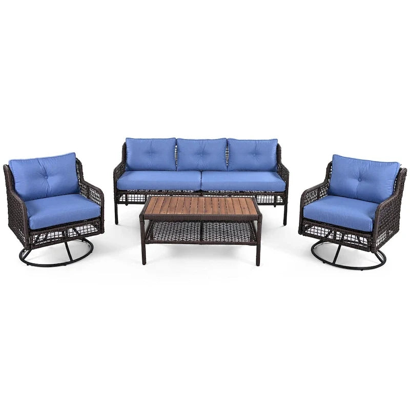 4-Pieces Outdoor Rattan Conversation Sofa Set with Swivel Chairs and Coffee Table