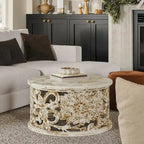 Alina Coffee Table Handcrafted Mango Wood Floral Carved Cut Out Design Distressed White Finish 33 Inch