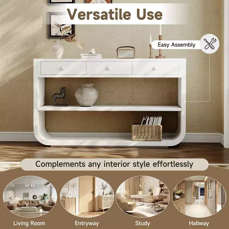 ModernLuxe Curved Console Table Entryway Table Sofa Side Table Display Stand Accent Table with 3 Soft-Close Drawers & 2 Open Shelves