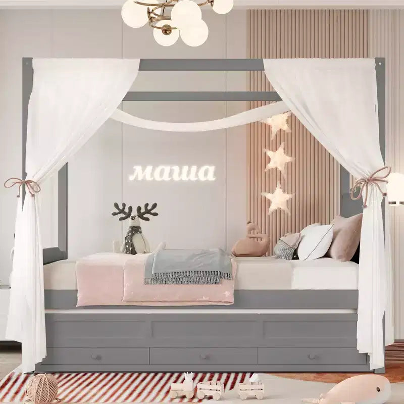 Twin/Full Size Platform Bed with Trundle, Princess Wood Canopy Bed with 3 Drawers, Storage Bed with Upholstered Headboard for Bedroom