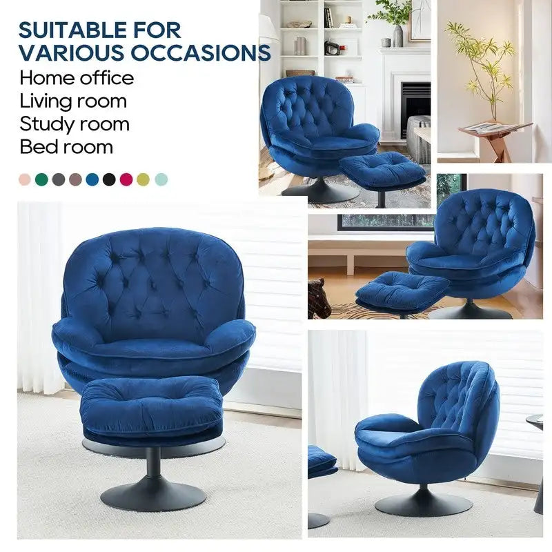 Velvet Swivel Accent Chair with Ottoman Round Reading Accent Chair Foot Stool Ottoman Set,360 Swivel,Metal Frame