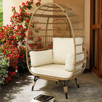 Egg Chair, Wicker Egg Chair with Plush Cushion, Steel Frame and Metal Base, Lounge Chair for Indoor & Outdoor Patio, Living Room, and Backyard