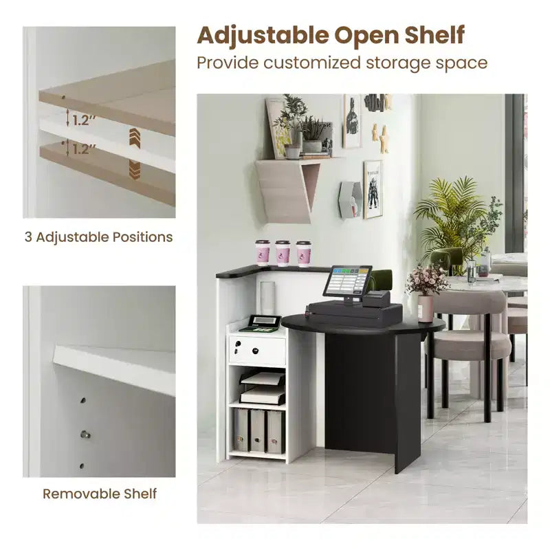 Costway Front Reception Counter Desk Checkout Office Desk with Open Shelf & Lockable Drawer White/Brown/Black