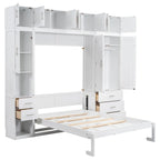 White Full Size Modern Murphy Bed with Drawers, Lockers, and Wardrobes