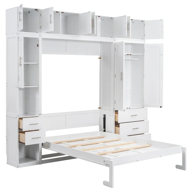 White Full Size Modern Murphy Bed with Drawers, Lockers, and Wardrobes