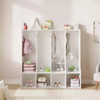 Brown/White 4-Section Cubby Locker with 8 Hooks, for Kids