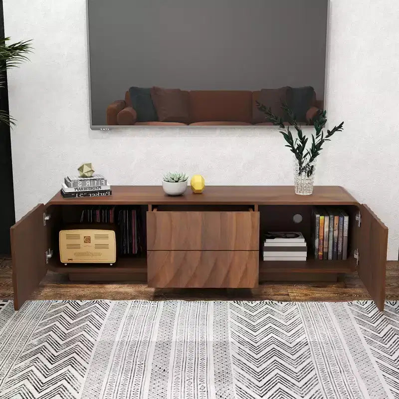 JVNOXK 58-inch TV Stand, Mid-Century Spiral Wave Design, with Storage Cabinet and Two Drawers, Suitable for Living Room or Bedroom, Walnut