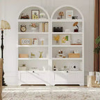 72 Arched Bookshelf with Storage Drawer, Modern 6-Tier Wood Display Cabinet with Open Shelves and Bottom Drawer, Curved Cabinet Door
