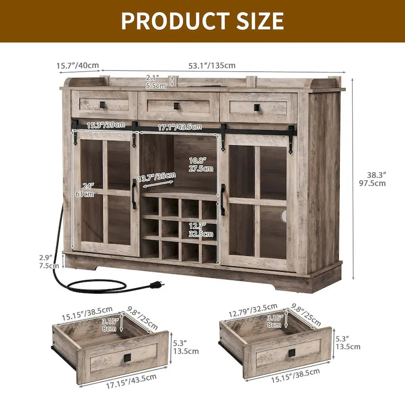 53 Barn Door Buffet Coffee Bar Cabinet with Wine Rack, Kitchen Sideboard Storage Cabinet