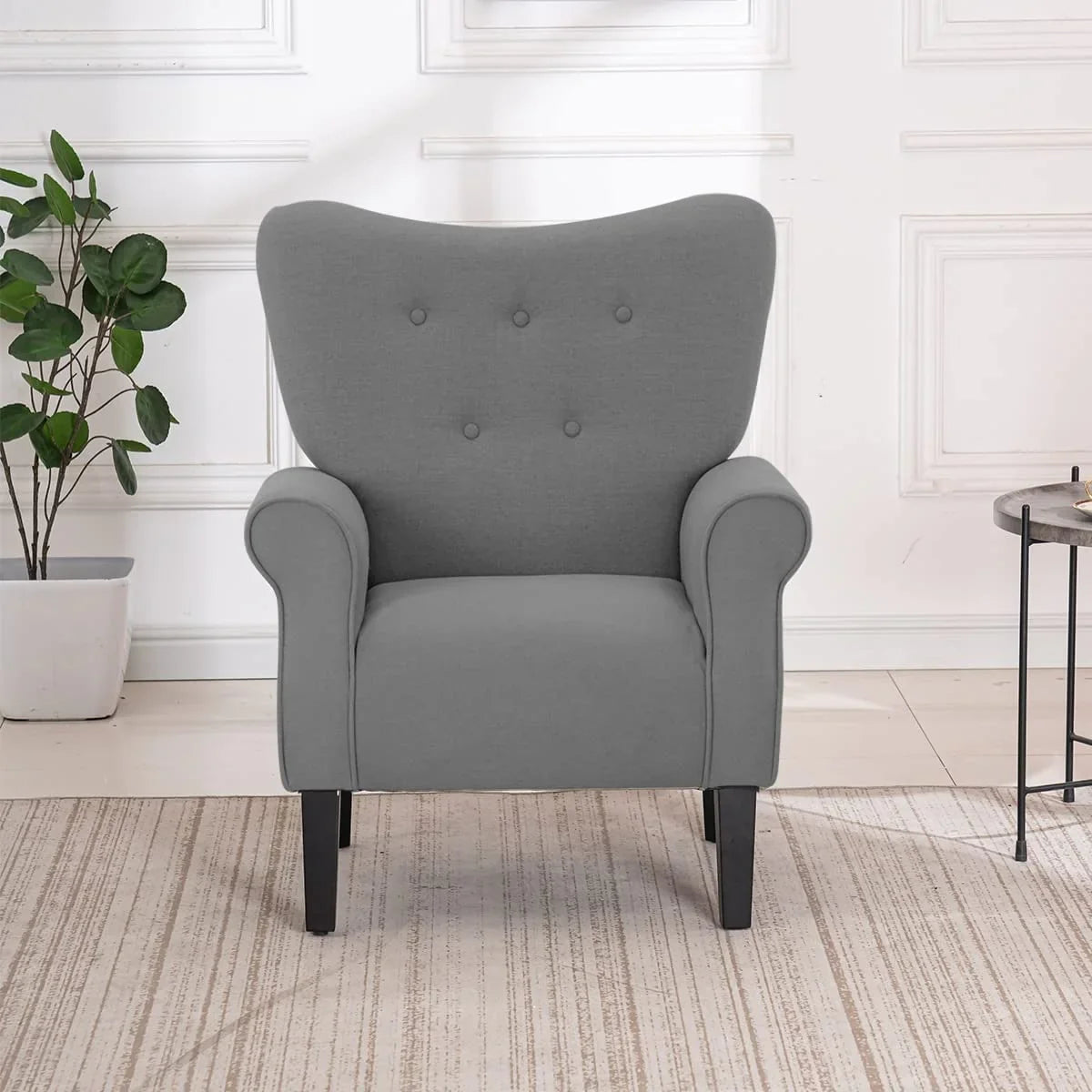 Erommy Modern Accent Chair, High Back Armchair, Upholstered Fabric Button Single Sofa with Wooden Legs for Living Room