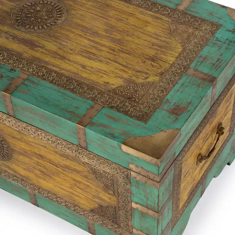 Nador Hand-Painted Brass Inlay Storage Trunk Coffee Table