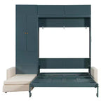 Queen Size Murphy Bed with Sofa and Cabinet, Wooden Queen Cabinet Bed Wall Bed with Shelves, Folding Wall Chest Bed for Guest Room Office