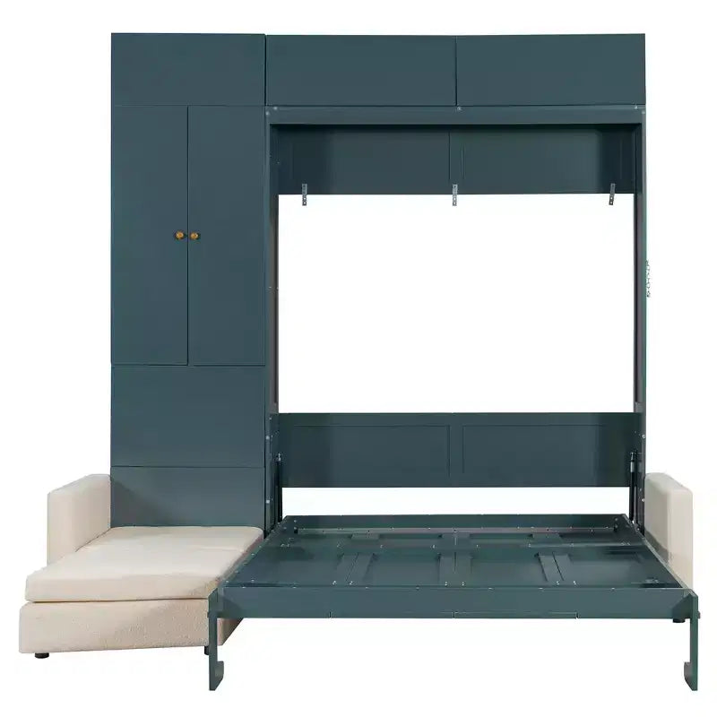 Queen Size Murphy Bed with Sofa and Cabinet, Wooden Queen Cabinet Bed Wall Bed with Shelves, Folding Wall Chest Bed for Guest Room Office
