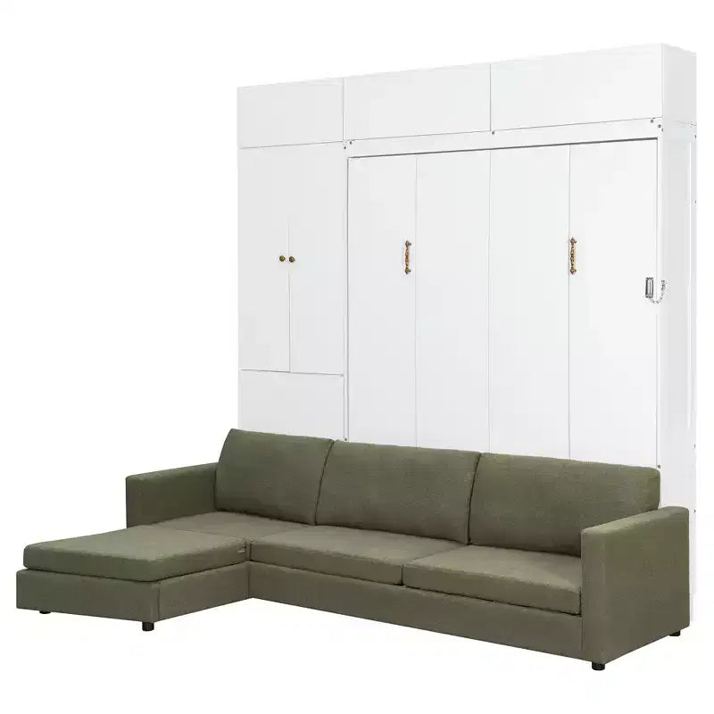 Queen Size Murphy Bed with Sofa and Cabinet, Wooden Queen Cabinet Bed Wall Bed with Shelves, Folding Wall Chest Bed for Guest Room Office