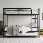 MAYEERTY Twin Size Black Metal Bunk Bed with Trundle Ladder Full Length Guardrail Noise Free No Box Spring Needed