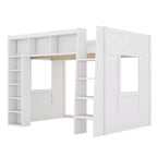 Whisen Queen Size Wooden Loft Bed Frame with Storage Cabinets and Shelves