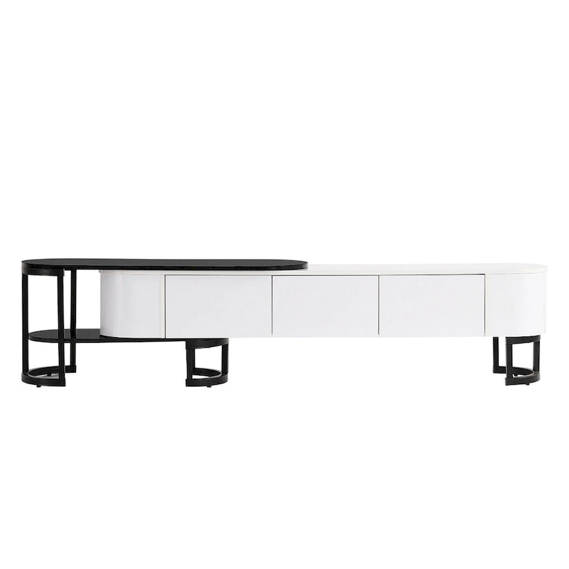Modern Black White Retractable TV Stand with 3 Drawers and Metal Adjustable Legs for Living Room Bedroom