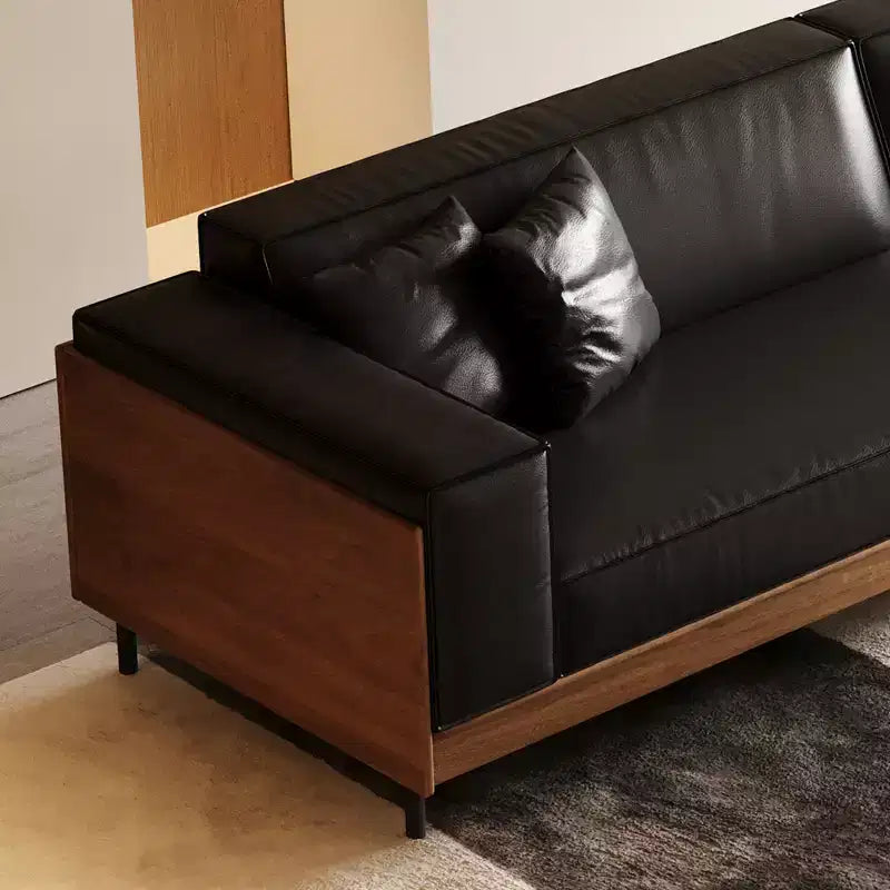 98.42 Contemporary Leather Sofa Couch with Solid Wood Frame, Metal Legs and 3 Accent Pillows